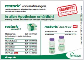 Verordnungskarte für die Produkte restorics supportiv S und restoric drink 2.0 kcal